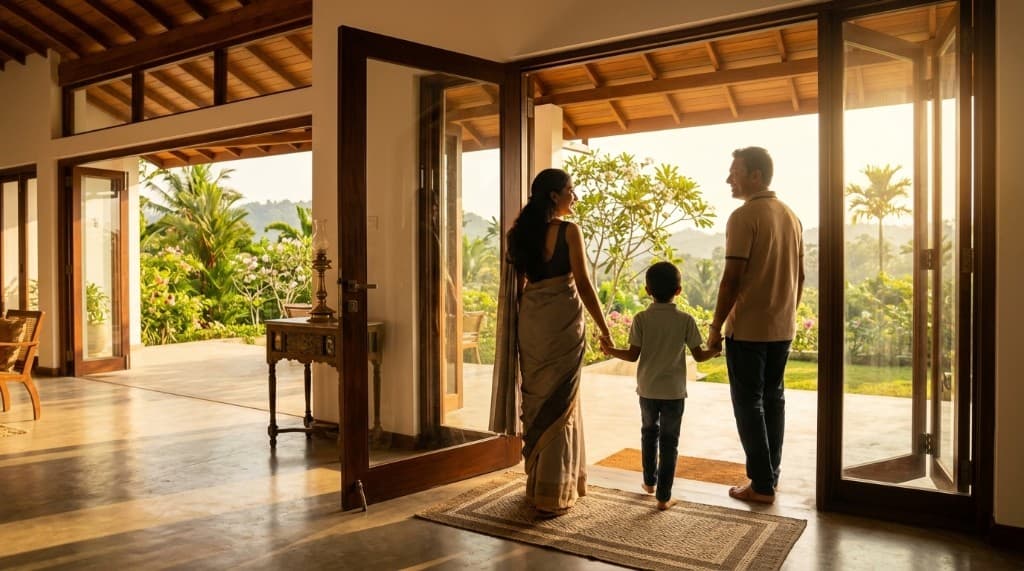 Family arriving at a home in Sri Lanka